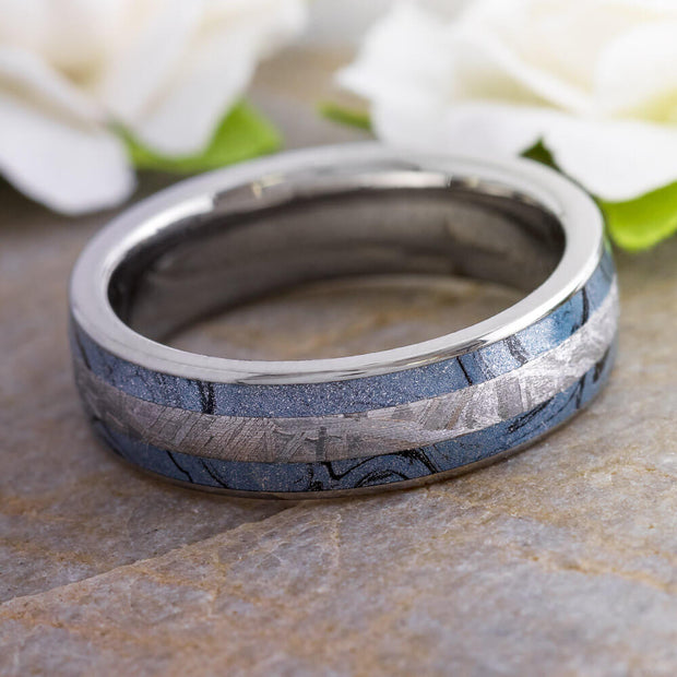 Blue Wedding Band with Gibeon Meteorite and Mokume-4358 - Jewelry by Johan