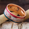 Red & Blue Box Elder Wood Wedding Band with Deer Antler and Rose Gold-4360 - Jewelry by Johan