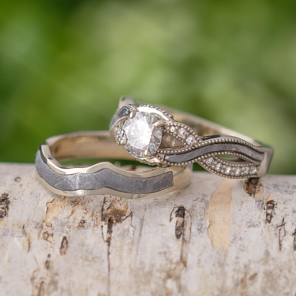 Moissanite Wide Band Engagement Ring and Wedding Band Bridal Set