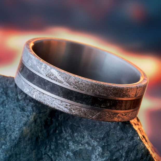 Lava Ring with Meteorite and Matte Titanium-4457 - Jewelry by Johan