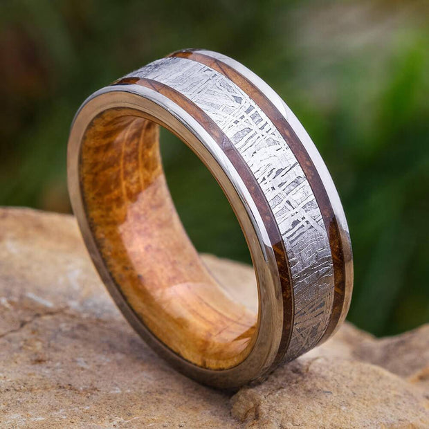 Men's Whiskey Oak Wood Wedding Band with Meteorite Center-4499 - Jewelry by Johan