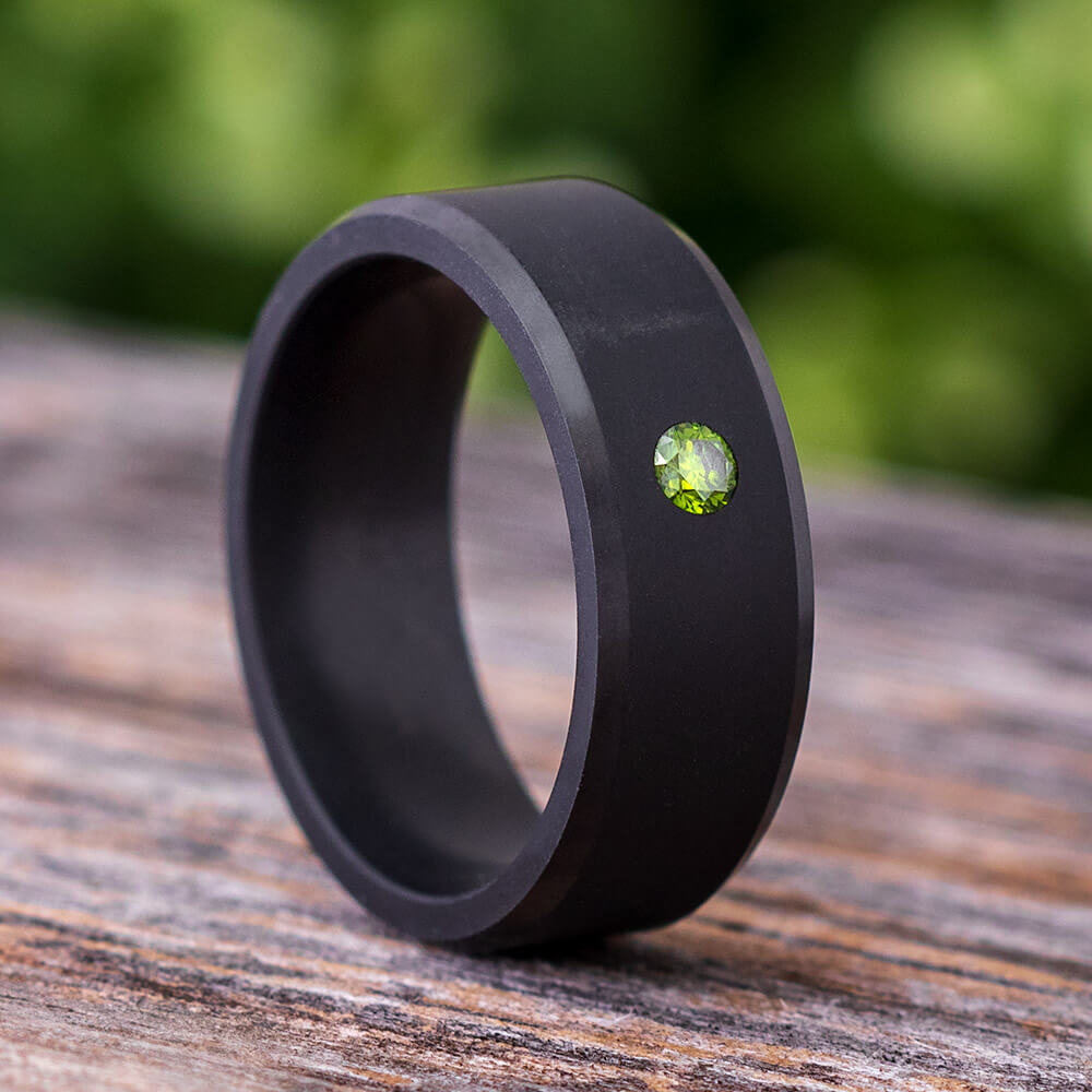 Elysium Ring with Green Diamond, Black Ring with Matte Finish-EBMSG8 - Jewelry by Johan