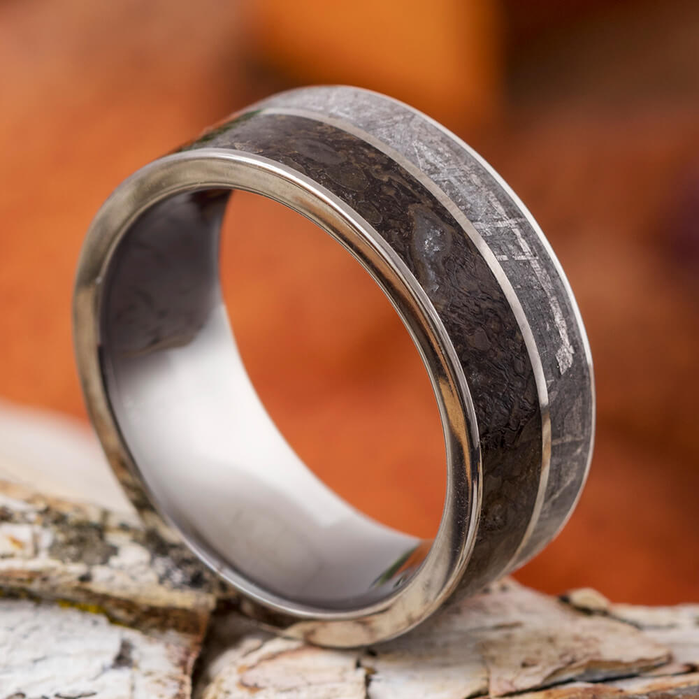 Meteorite & Dinosaur Fossil Men's Titanium Ring, In Stock-SIG3011 - Jewelry by Johan
