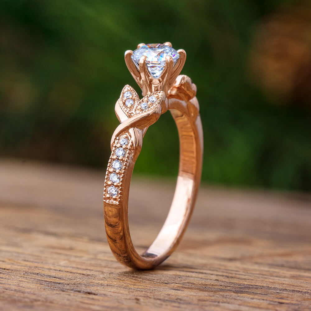 Gold Moissanite Engagement Ring With Leaf Accented Band-ST733-8M - Jewelry by Johan