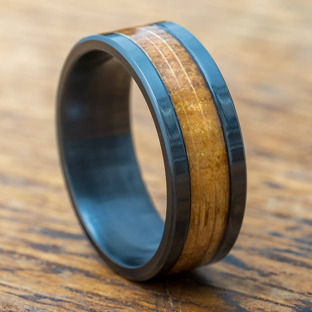Black Zirconium Wedding Band with Whiskey Barrel Oak