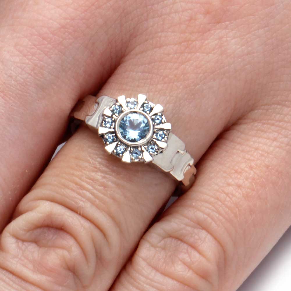 White Gold Iron Man Ring, Aquamarine Arc Reactor Ring-1911 - Jewelry by Johan