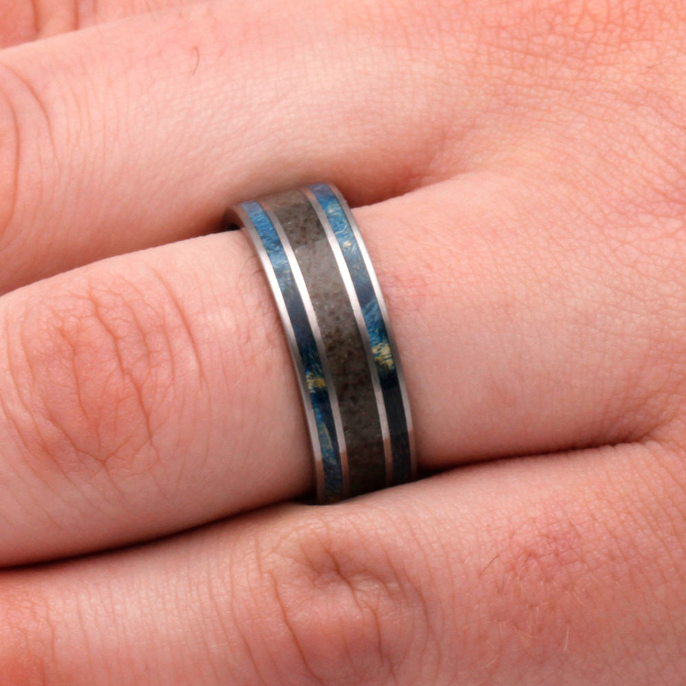 Blue Wood Men's Wedding Band With Crushed Dinosaur Bone-2658 - Jewelry by Johan