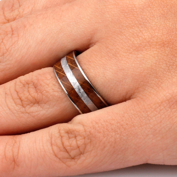 Whiskey Oak Ring With Meteorite, Wooden Men's Wedding Band-2585 - Jewelry by Johan