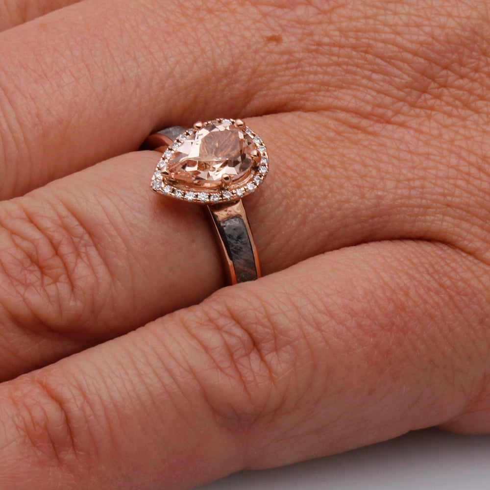 Morganite Engagement Ring In Rose Gold With Meteorite, Moissanite Halo Ring-3361 - Jewelry by Johan
