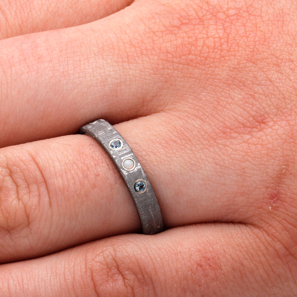 Meteorite Ring With Opal And Aquamarine Gemstones-2904 - Jewelry by Johan