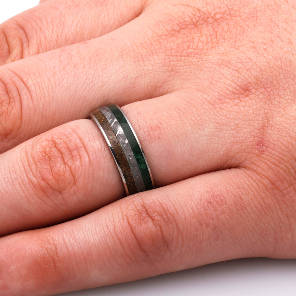 Titanium Ring With Meteorite, Dinosaur Bone, And Green Wood-3190 - Jewelry by Johan