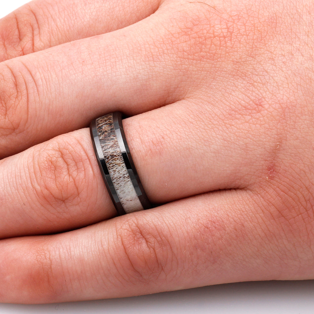 Black Ceramic Ring with Antler Inlay and Beveled Edges-1756 - Jewelry by Johan