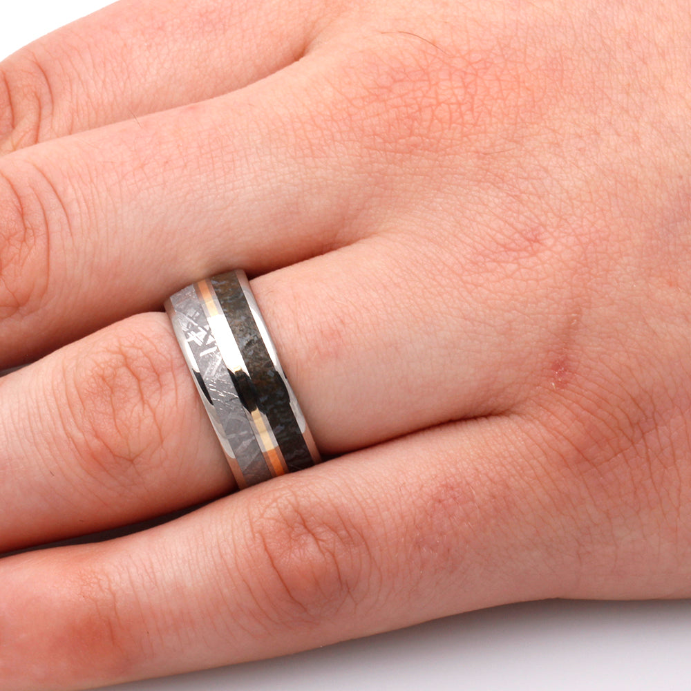 Dinosaur Bone and Meteorite Ring With Yellow Gold Pinstripe-2596YG - Jewelry by Johan