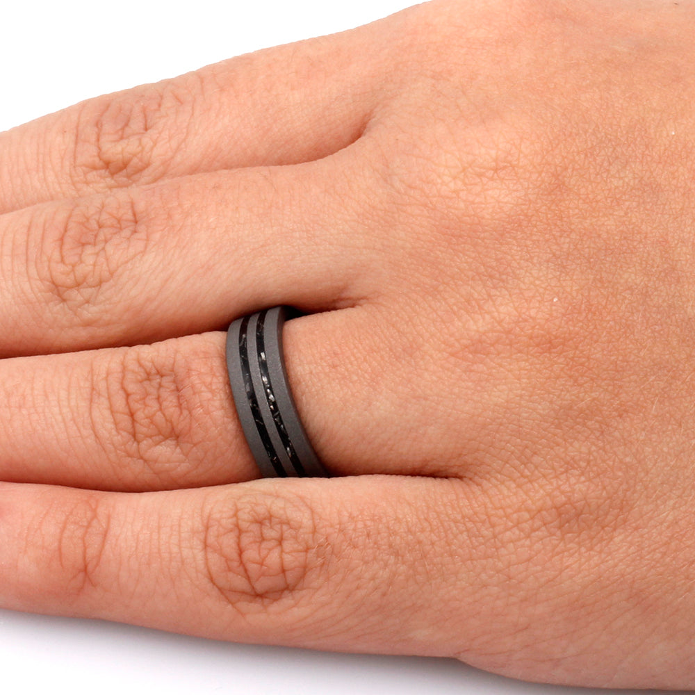 Sandblasted Titanium Wedding Band With Black Stardust™-3673 - Jewelry by Johan