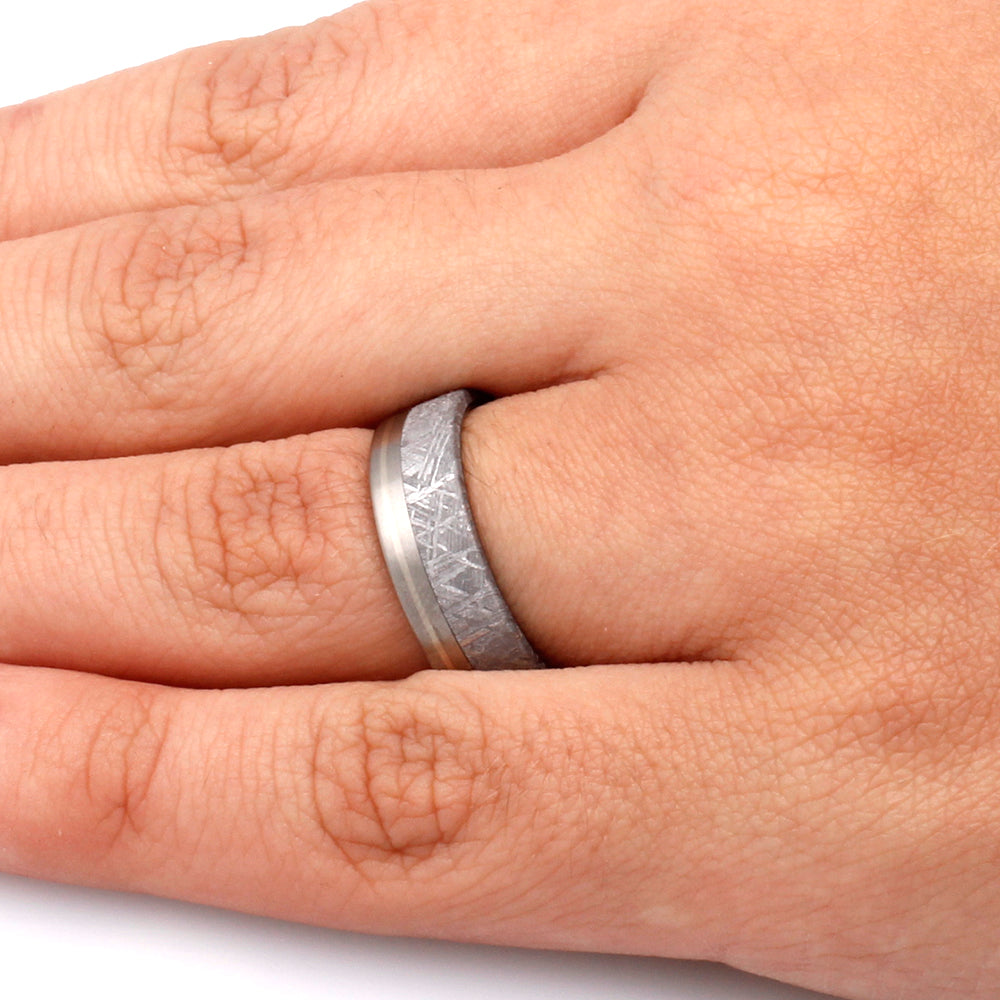 Meteorite Men's Wedding Band with White Gold Pinstripe, Titanium Ring-1196 - Jewelry by Johan