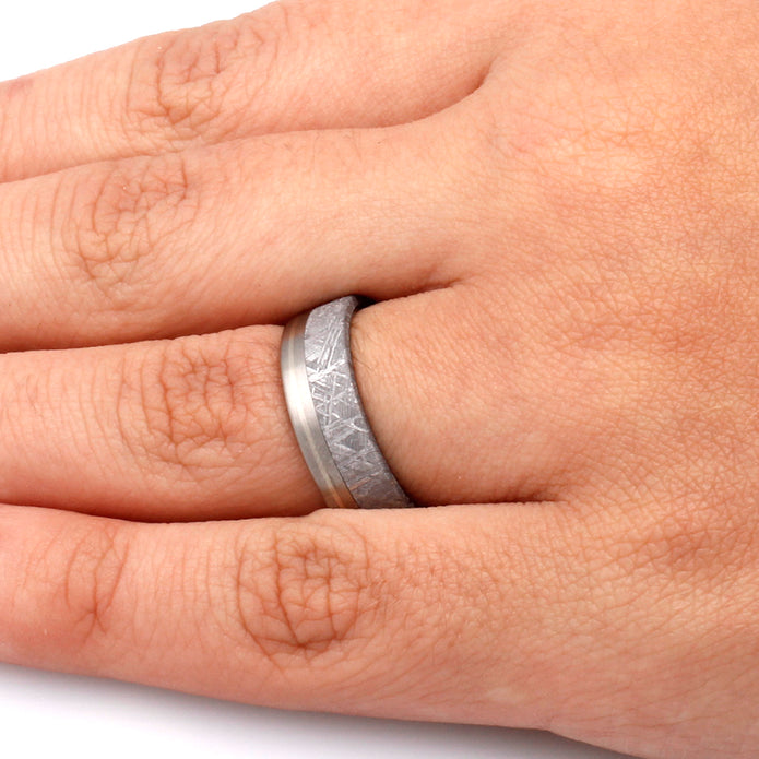 Meteorite Men's Wedding Band with White Gold Pinstripe, Titanium Ring-1196 - Jewelry by Johan