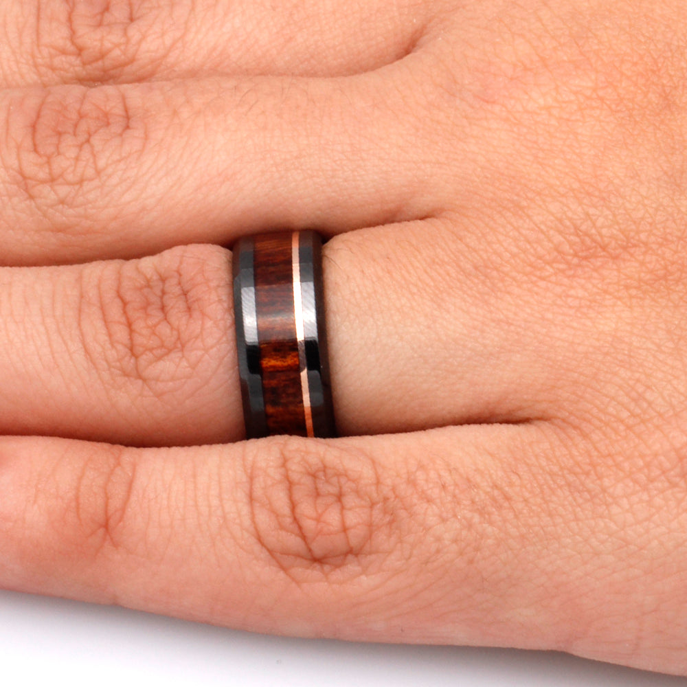 Caribbean Rosewood Wedding Band With Rose Gold Accent In Black Ceramic-2694 - Jewelry by Johan