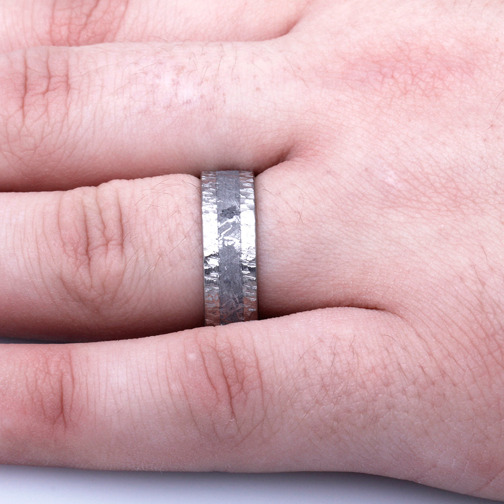 Hammered Titanium Men's Wedding Band With Gibeon Meteorite-3732 - Jewelry by Johan