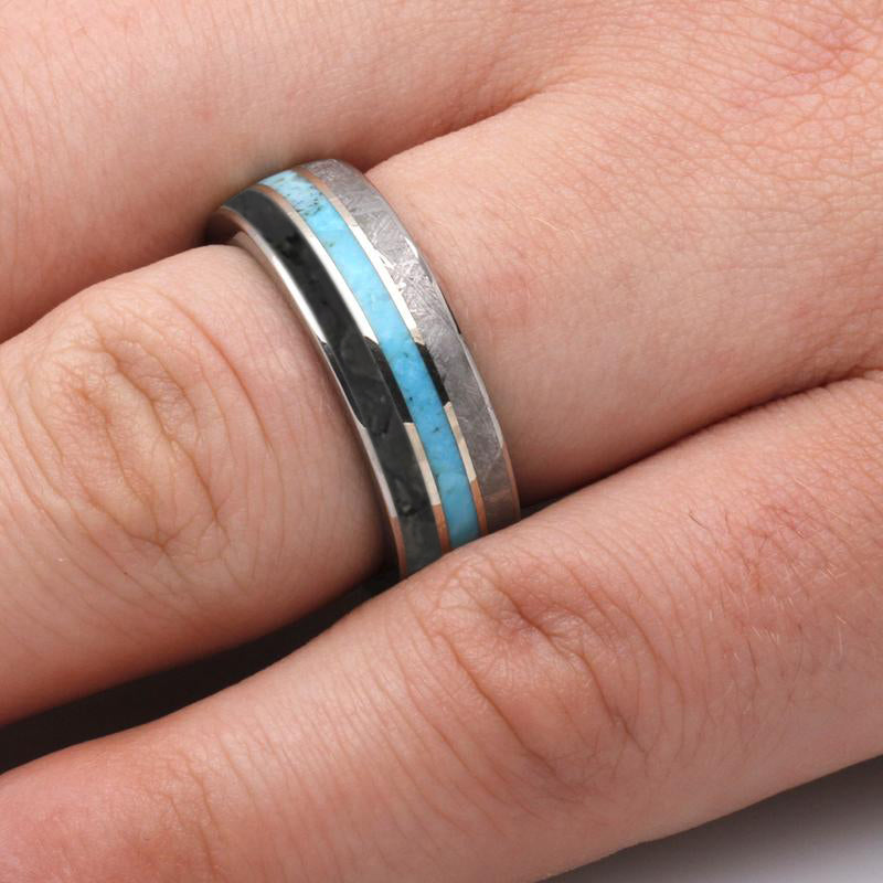 Unique Meteorite And Dinosaur Bone Ring for Men, Turquoise Ring With Mokume Sleeve-3650 - Jewelry by Johan