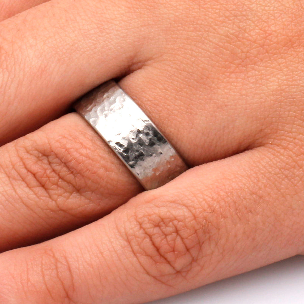 Hammered Titanium Wedding Band With A Mahogany Wood Sleeve-3435 - Jewelry by Johan