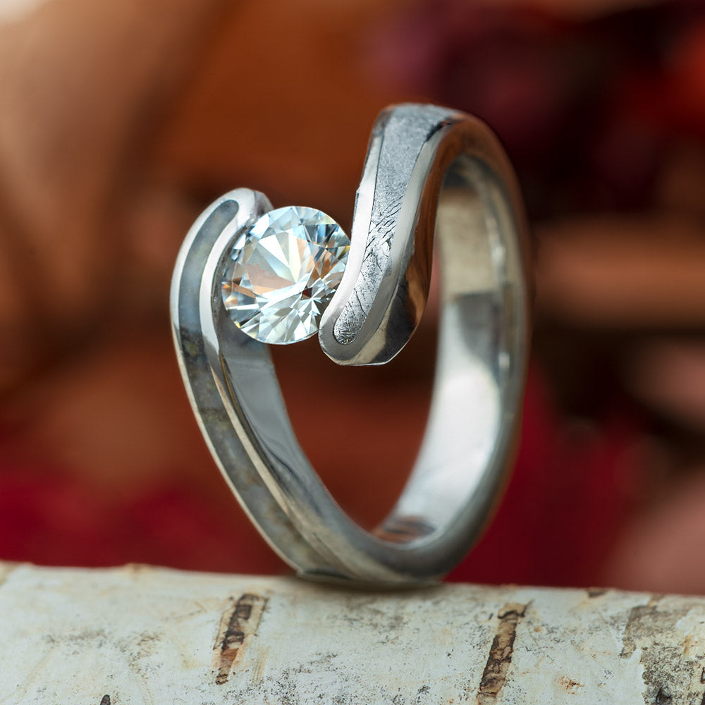 White Sapphire Engagement Ring, Titanium Meteorite Ring With Dinosaur Bone-3870 - Jewelry by Johan