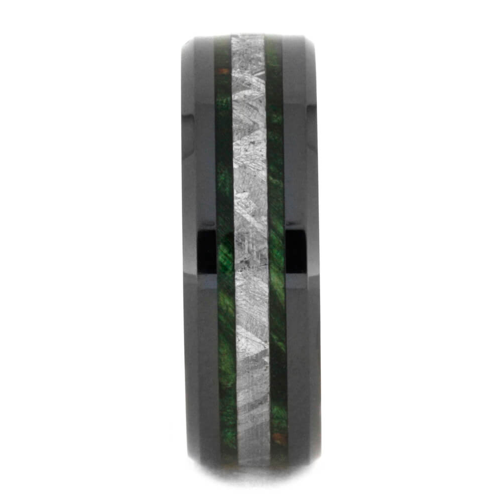 Black Ceramic Ring With Green Box Elder Burl And Meteorite-2150 - Jewelry by Johan