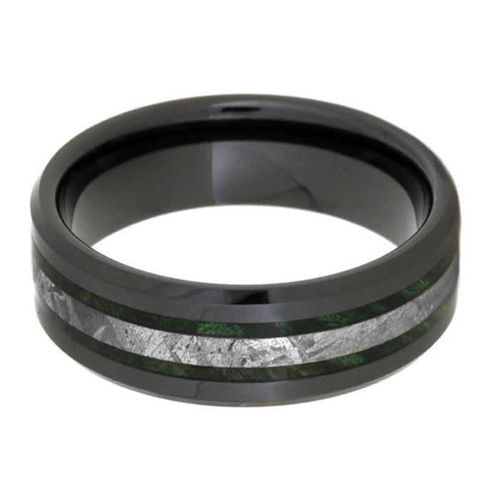 Black Ceramic Ring With Green Box Elder Burl And Meteorite-2150 - Jewelry by Johan