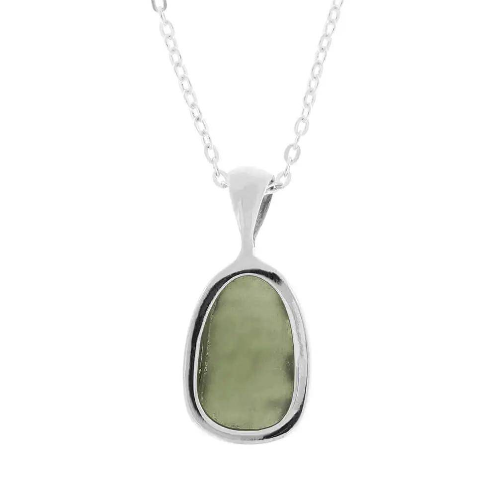 Sterling silver moldavite necklace close-up