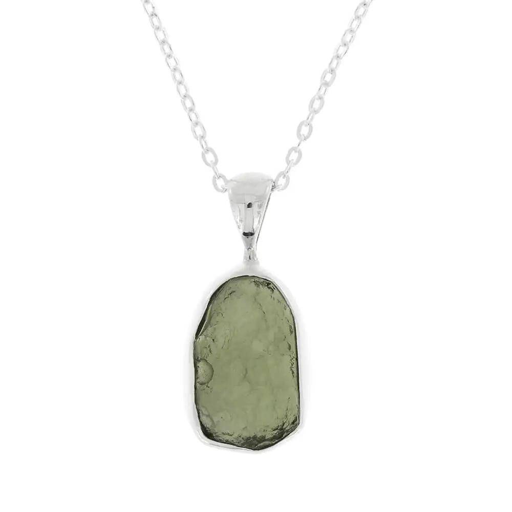 Green moldavite pendant in sterling silver