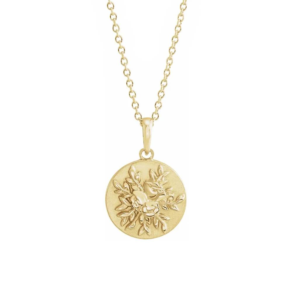 Floral design circle necklace in yellow gold on chain