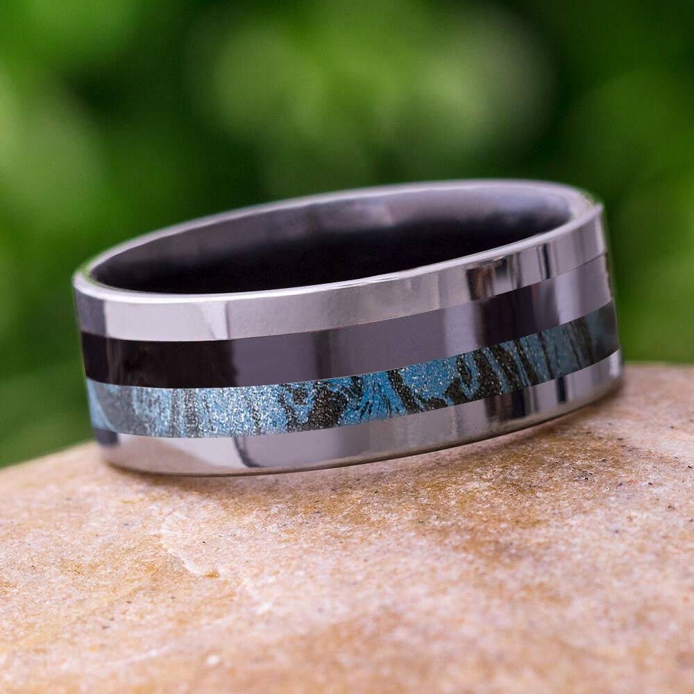 Unique Blue Men's Wedding Band With Alternative Metal