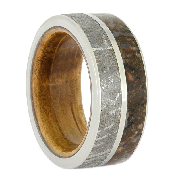 Meteorite And Dino Bone Wedding Band with Whiskey Oak Sleeve