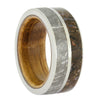 Meteorite And Dino Bone Wedding Band with Whiskey Oak Sleeve
