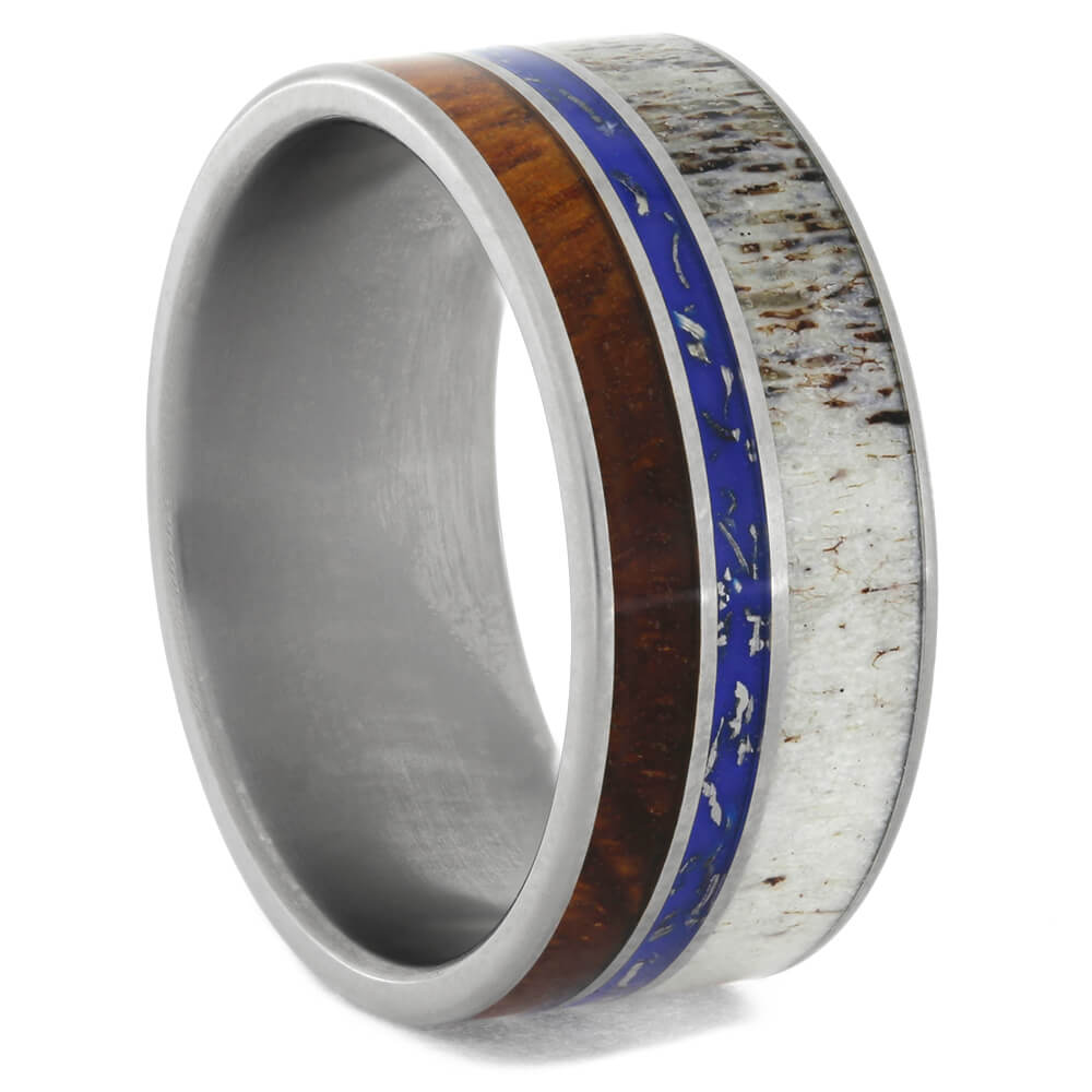 Unique Antler Ring with Blue Stardust™ and Amboyna Wood, Size 11-RS10593 - Jewelry by Johan