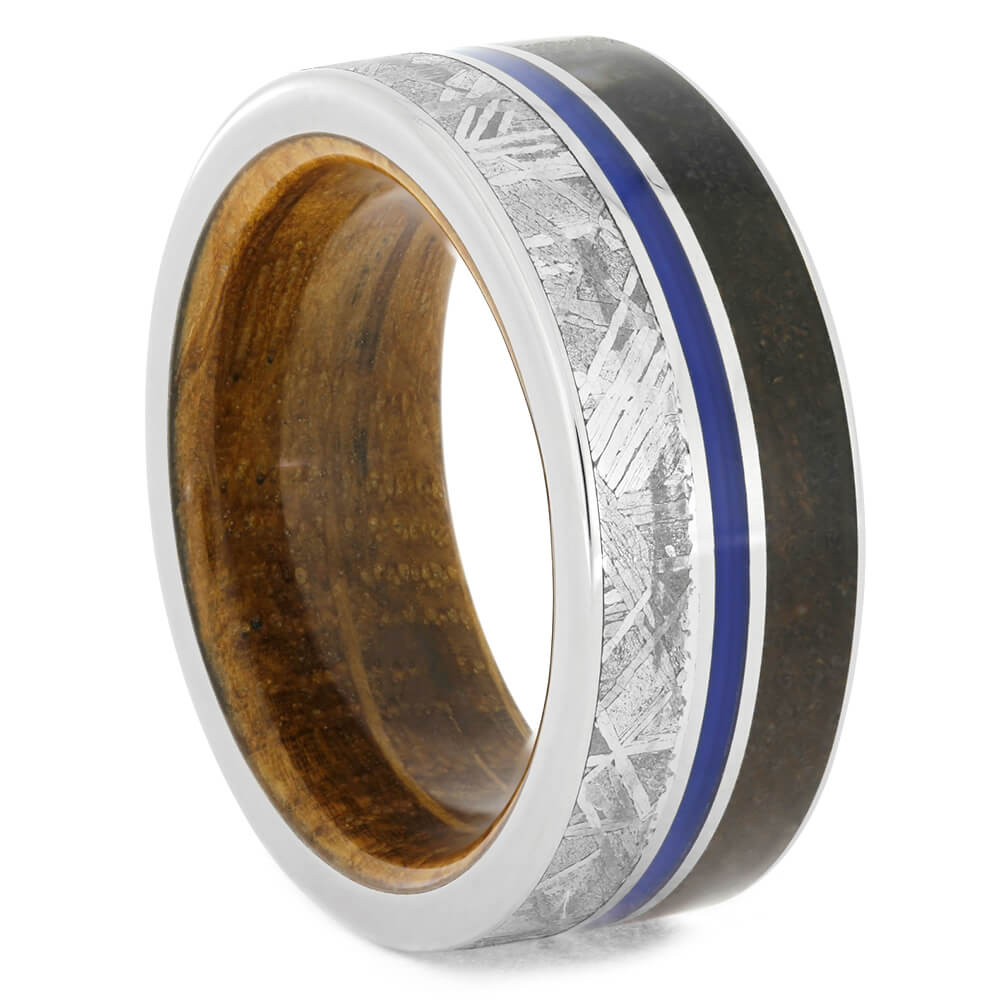 Whiskey Barrel Wood Ring With Meteorite And Dino Bone