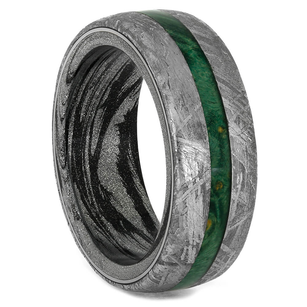 Green Wood Wedding Band With Meteorite And Mokume, Size 9-RS10863 - Jewelry by Johan