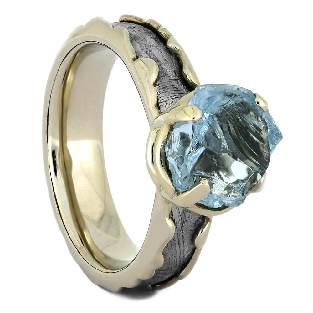 Rough Aquamarine and Meteorite Engagement Ring in White Gold