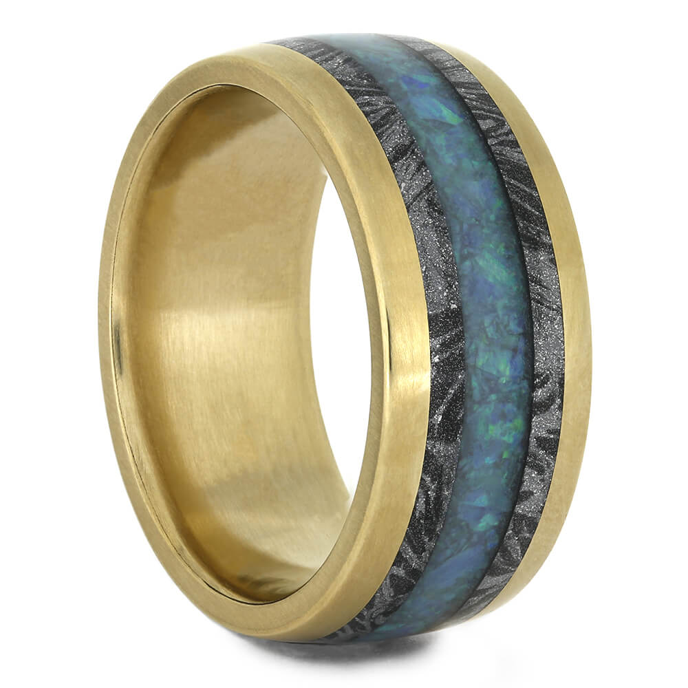 Unisex Wedding Band with Opal and White Mokume in Yellow Gold