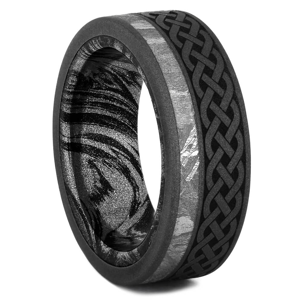 Meteorite Men's Wedding Band with Celtic Pattern and Mokume Sleeve