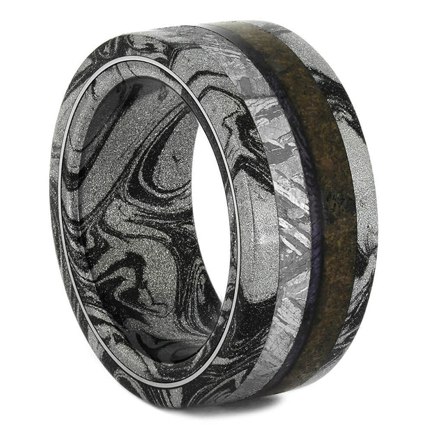 Black and White Mokume Wedding Band with Dinosaur Bone