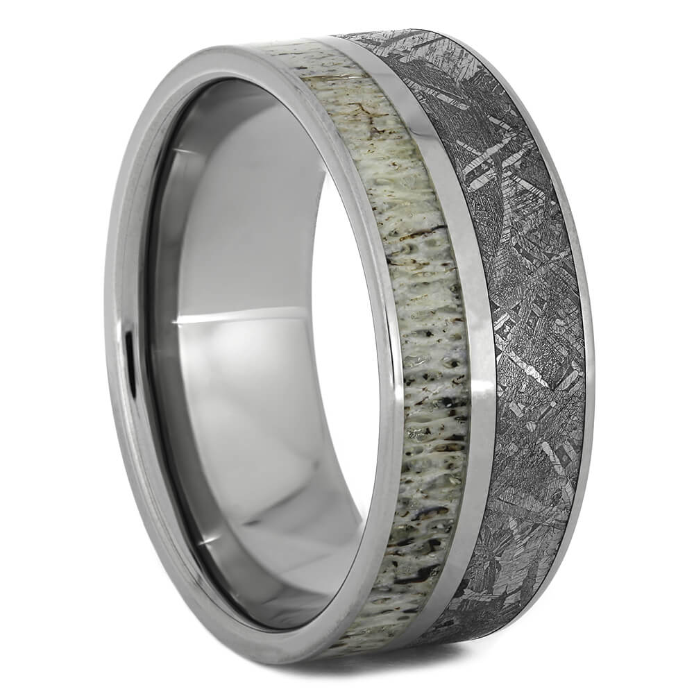 Meteorite Wedding Band with Deer Antler, Size 11.75-RS11106 - Jewelry by Johan