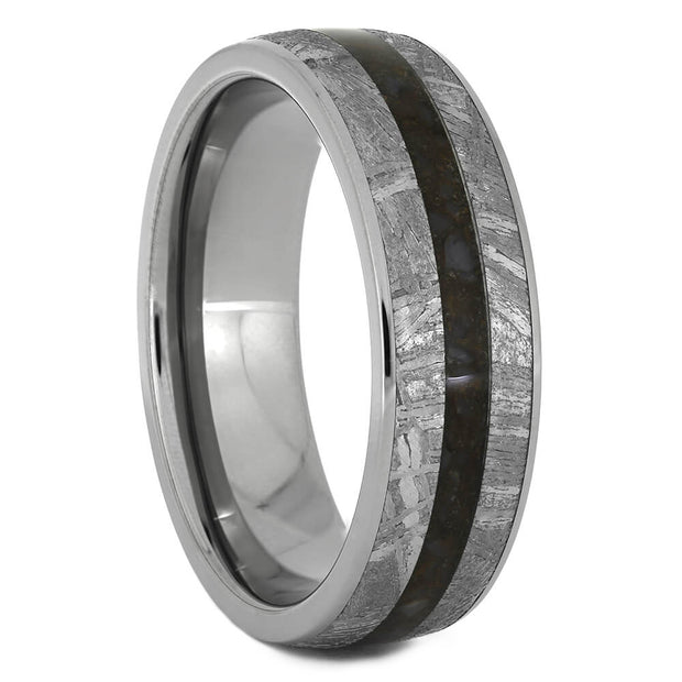 Gibeon Meteorite & Crushed Dinosaur Bone Wedding Band - Jewelry by Johan