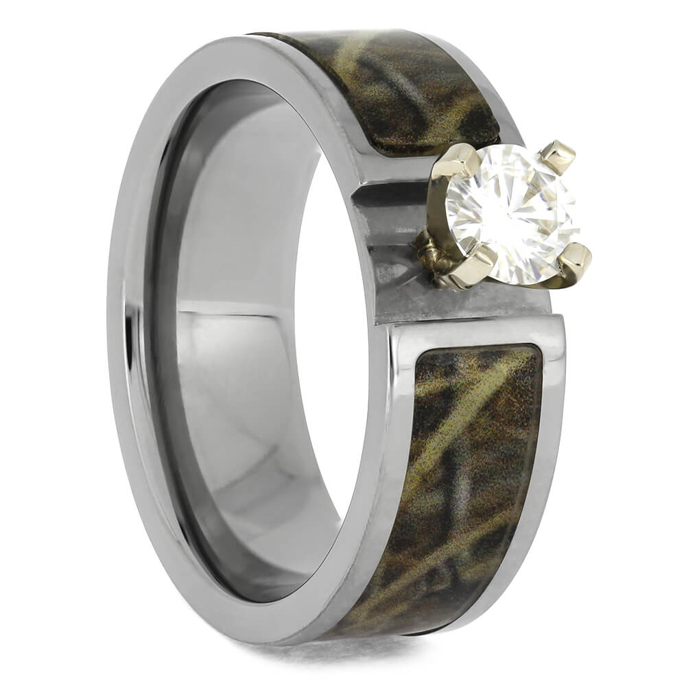 Moissanite Engagement Ring with Camo Pattern Band