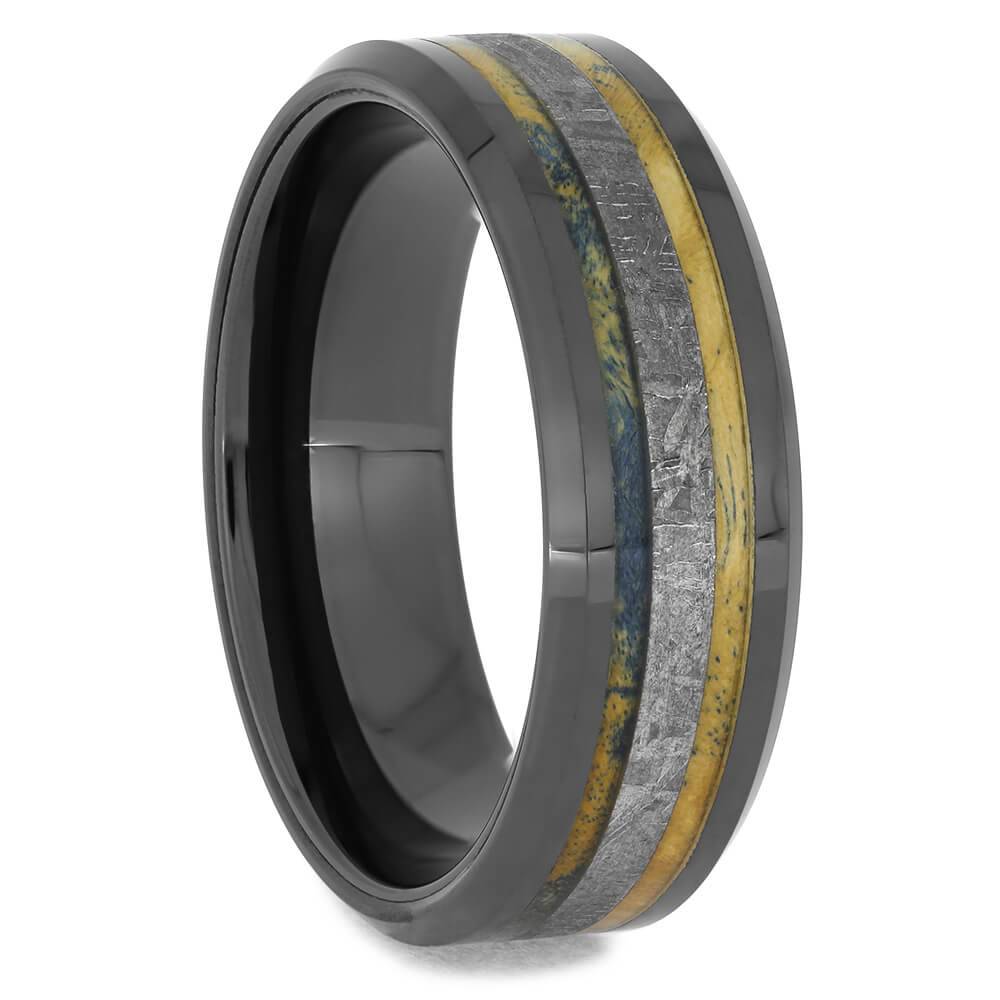Men's Black Ceramic Meteorite Ring with Blue Wood, Size 12.75-RS11294 - Jewelry by Johan