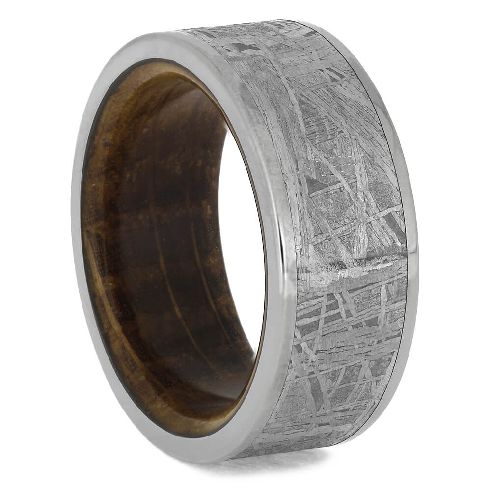 Meteorite Men's Wedding Band With Whiskey Barrel Wood Sleeve