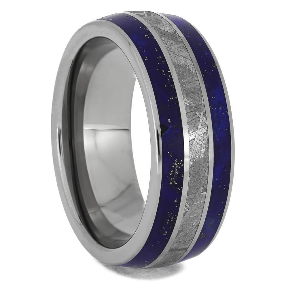 Blue Lapis Lazuli Ring With Meteorite Inlays, Titanium Men's Wedding Band-4239 - Jewelry by Johan