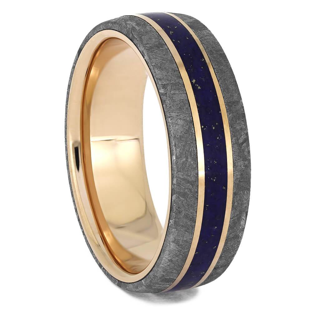 Meteorite outlets & Blue Lapis Lazuli Wedding Band, Mens Meteorite Rose Gold Wedding rin