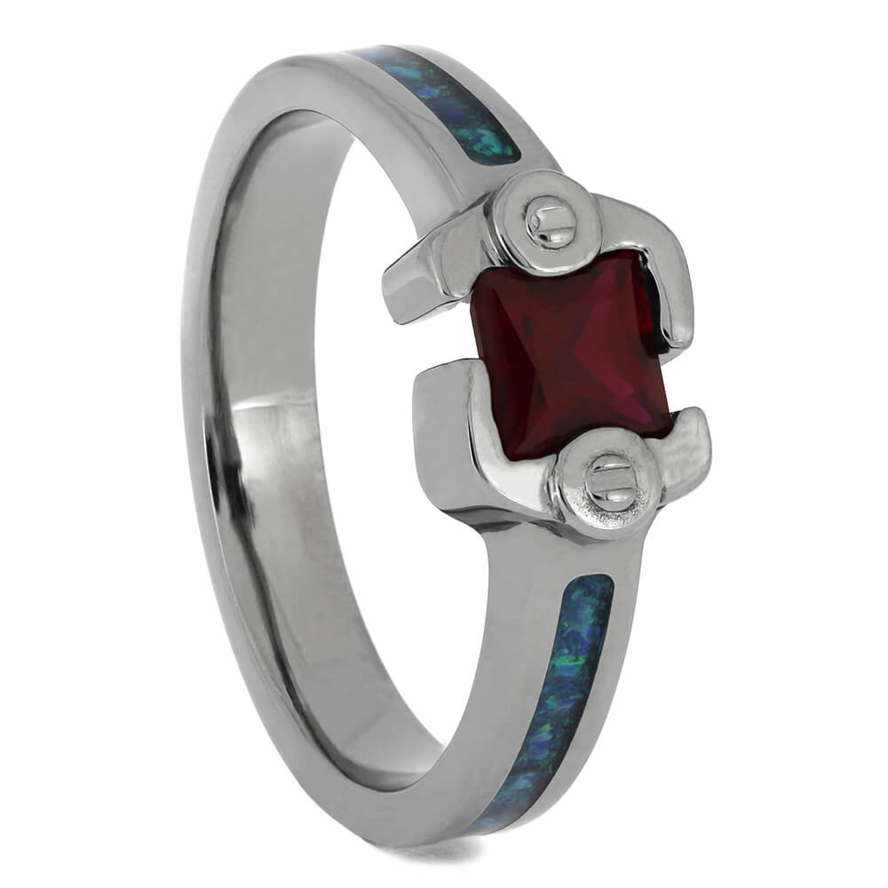Ruby Engagement Ring with Synthetic Opal Shanks