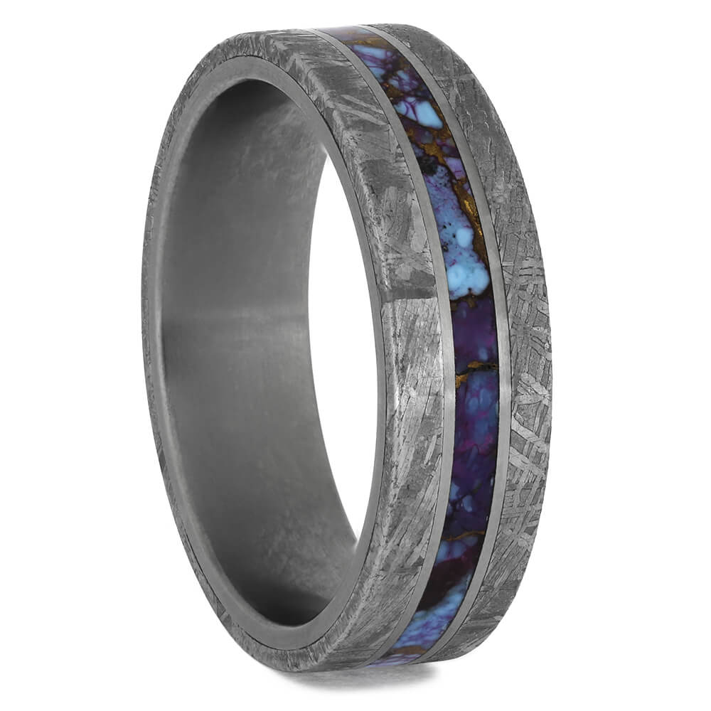 Meteorite Wedding Band with Mosaic Turquoise Center, Size 11-RS11492 - Jewelry by Johan