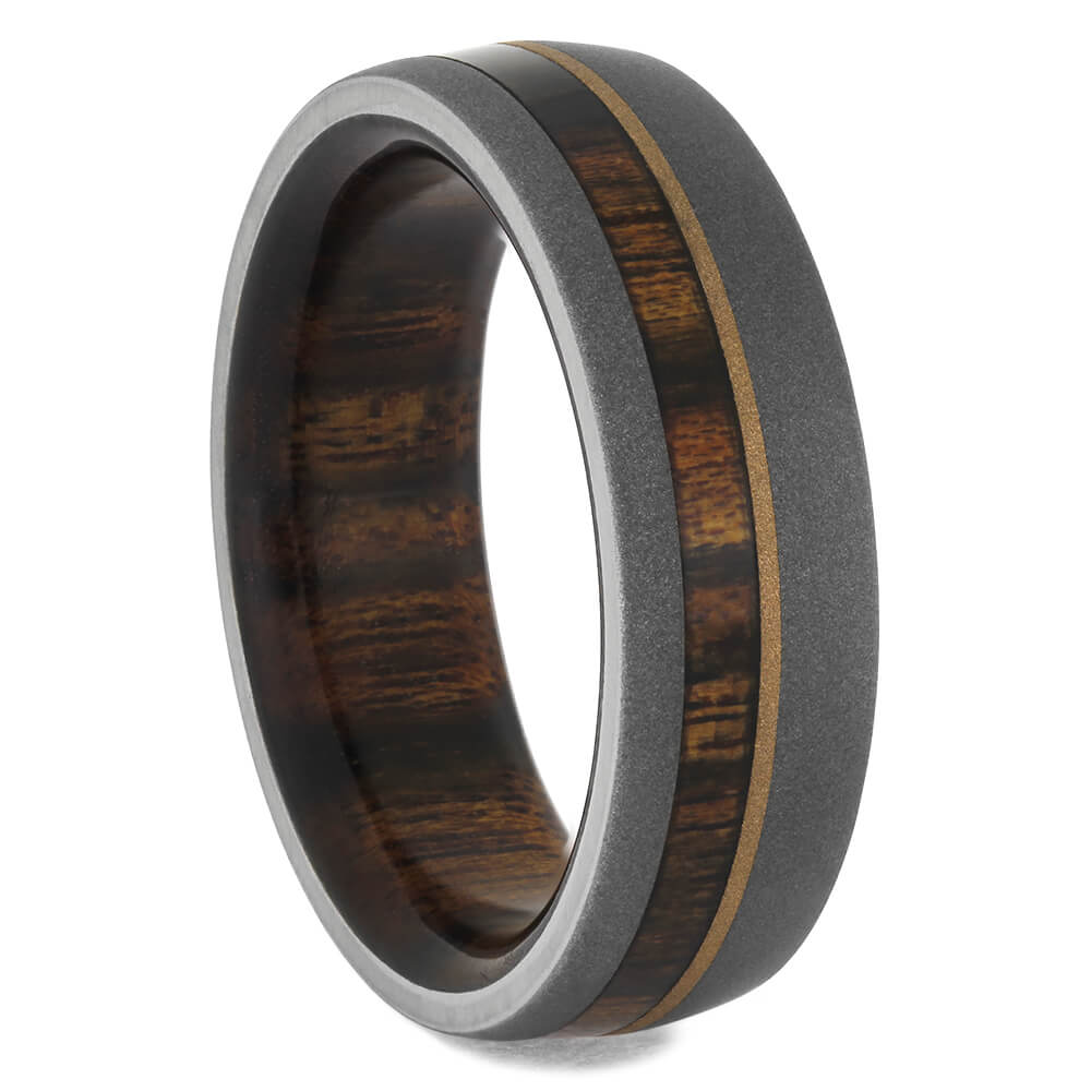 Sandblasted Titanium Ring With Rosewood And Yellow Gold, Size 9-RS11557 - Jewelry by Johan